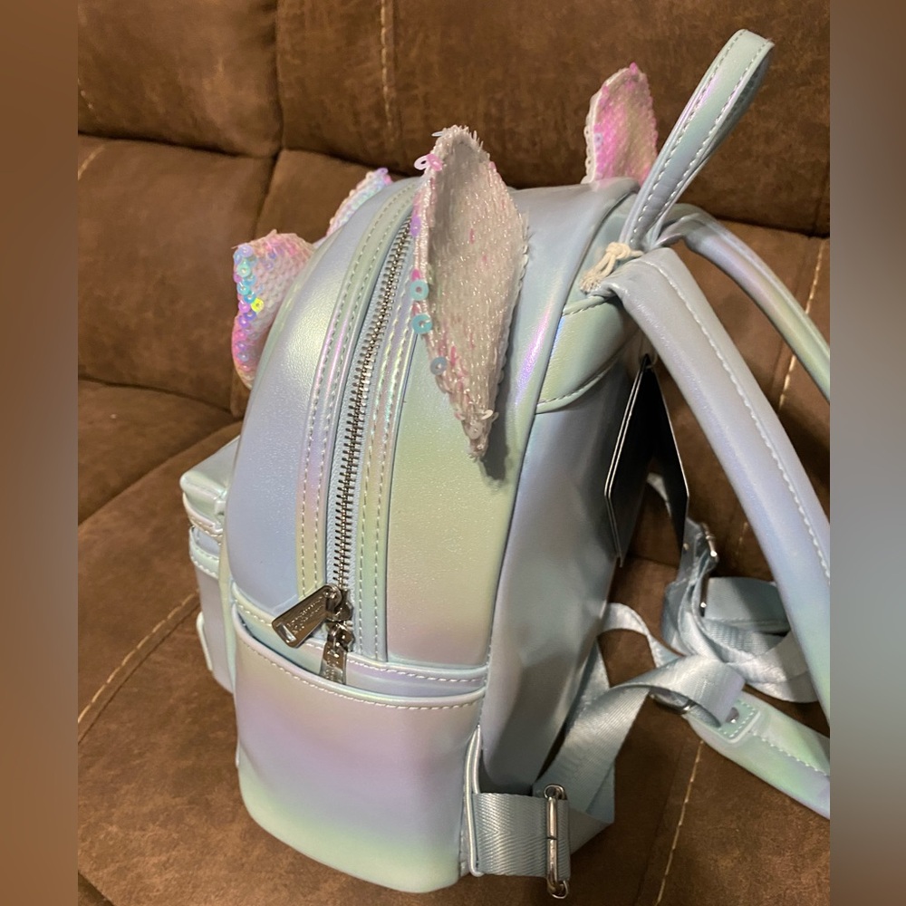 NWT- Loungefly Iridescent Blue Backpack with Sequins ears and bow - Picture 4 of 6